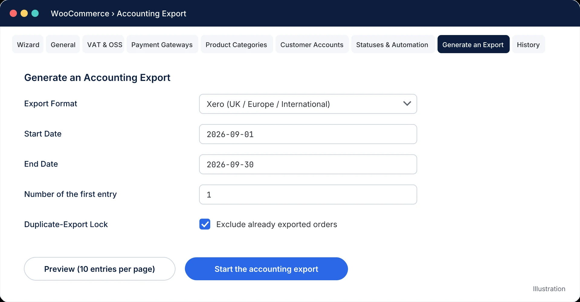 Generate an Export tab: Xero format, September 2026 period, first entry number, option to exclude already exported orders, Preview and Start the accounting export buttons.