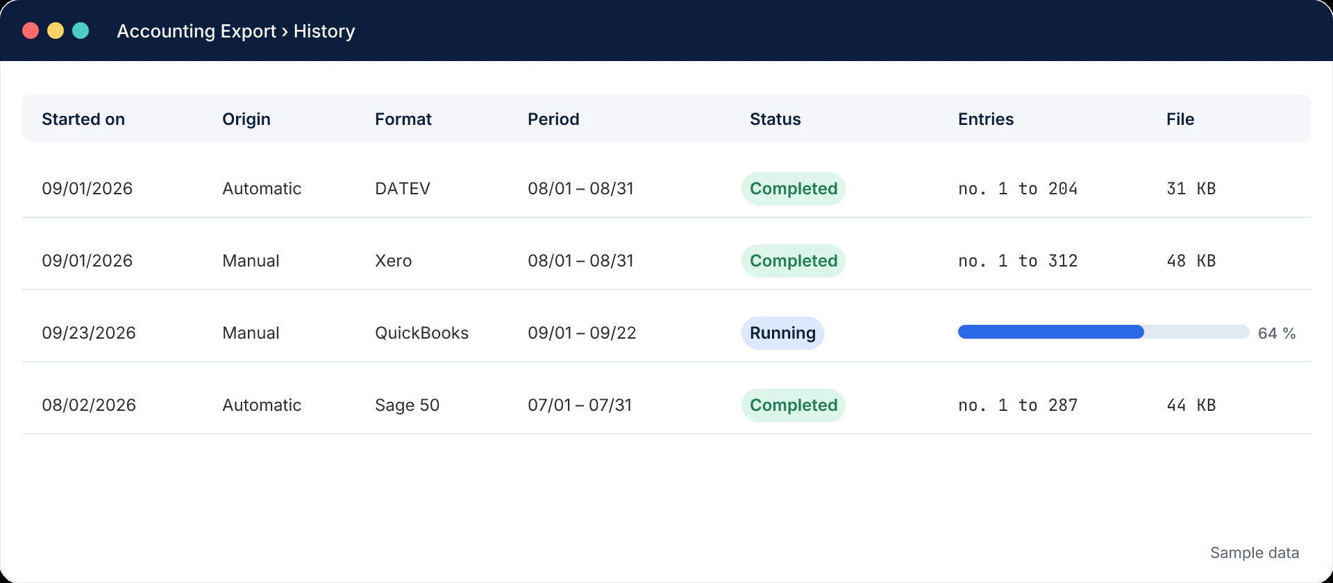 History tab: completed DATEV, Xero and Sage 50 exports with their entry number ranges and file sizes, and a QuickBooks export in progress at 64%.