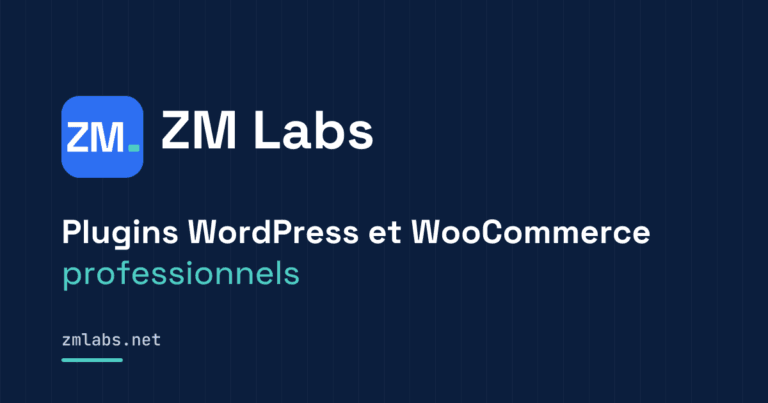 Texte central en noir sur fond blanc : « ZM Labs – Plugins WordPress et WooCommerce professionnels »